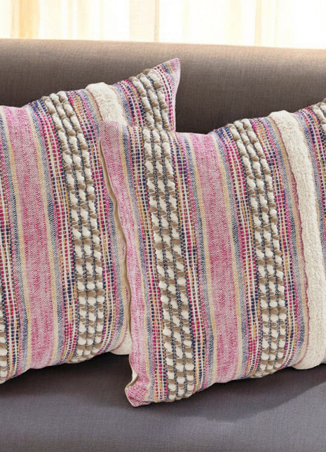 Set of Two Pink Striped Cotton Throw Pillows With Fringe-0