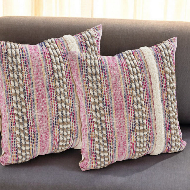 Set of Two Pink Striped Cotton Throw Pillows With Fringe-0