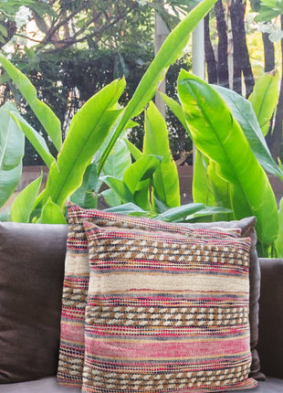 Set of Two Pink Striped Cotton Throw Pillows With Fringe-6