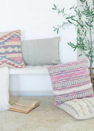 Set of Two Pink Striped Cotton Throw Pillows With Fringe-7