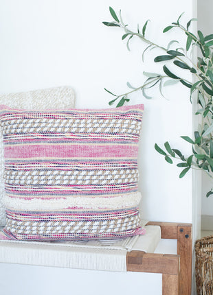 Set of Two Pink Striped Cotton Throw Pillows With Fringe-5