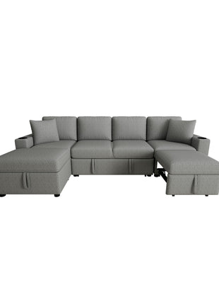 109.1' Sectional Sofa Convertible Pull-out Sofa Bed with Movable Storage Ottoman, Gray Chenille Fabric