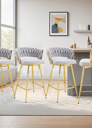 A set of 4 rotating bar stools, equipped with breathable linen cushions - beige seats with golden metal legs, suitable for the height of the kitchen island, dining table or bar counter-1