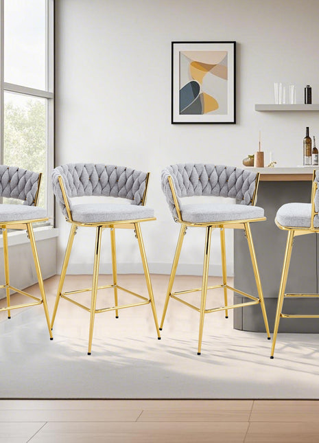 A set of 4 rotating bar stools, equipped with breathable linen cushions - beige seats with golden metal legs, suitable for the height of the kitchen island, dining table or bar counter-1
