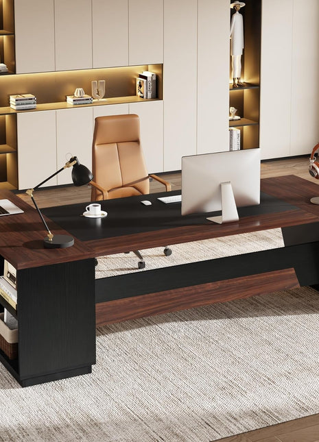 78" L-Shaped Executive Desk, Large Office Desk with Drawers and Lateral File Cabinet, Business Furniture with Storage Shelves, Modern Computer Desk for Home Office, Walnut & Black-0