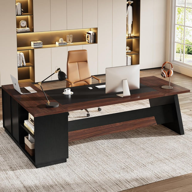78" L-Shaped Executive Desk, Large Office Desk with Drawers and Lateral File Cabinet, Business Furniture with Storage Shelves, Modern Computer Desk for Home Office, Walnut & Black-0