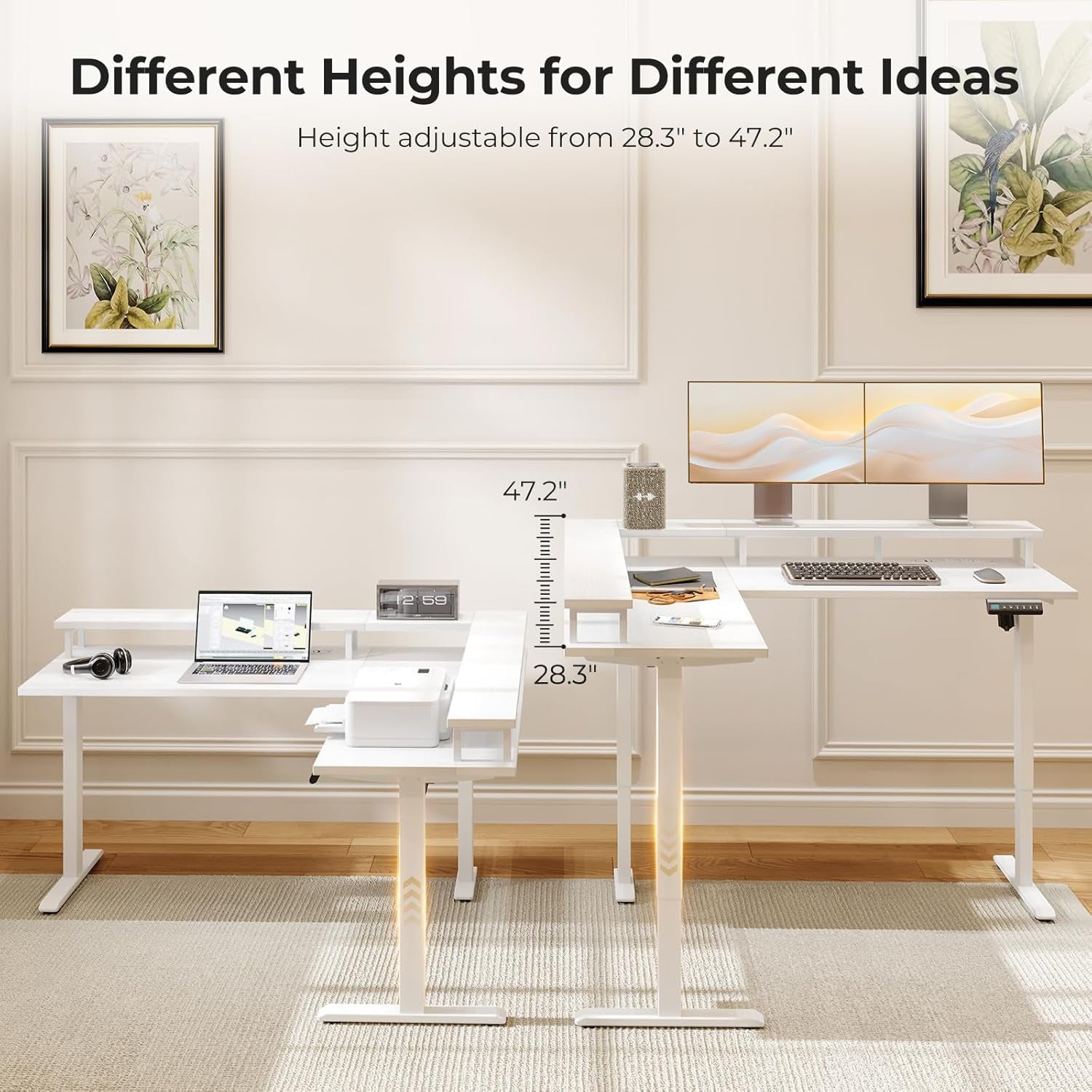 Adjustable height desk with a laptop and monitor setup in a home office setting.