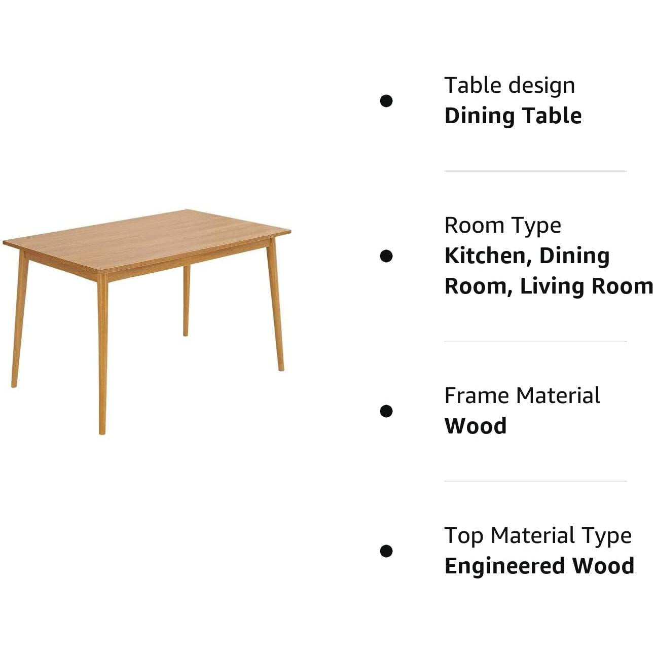 Wooden dining table with product details on a white background