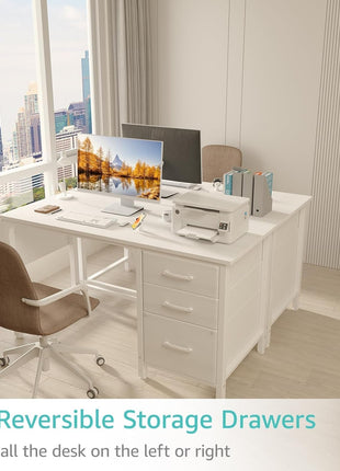 White Computer Desk with Fabric File Drawers Cabinet, 47 Inch Home Office Desks with Filing Cabinet for Small Space, Modern Writing Table PC Desks, White-3