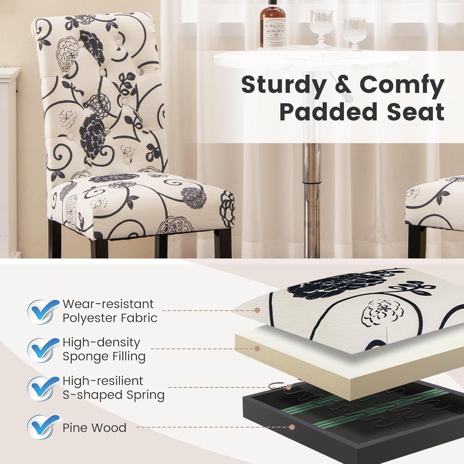 Chair with floral pattern and text highlighting features like wear-resistant fabric and high-density sponge filling.