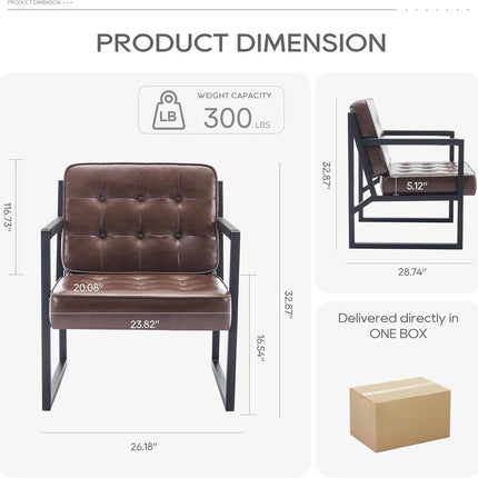 Mid Century Modern Accent Chair Set of 2, Comfy Living Room Chair, Brown Leather Accent Chair, Faux Leather Reception Armchair with Metal Legs for Living Room Bedroom Reception Office, Brown-1