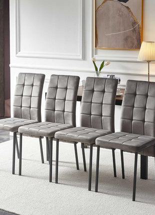 Upholstered Velvet Dining Chairs Classic Kitchen High Back Chairs Set of 4, Featured Dovetail Tufted Side Chairs, Black Metal Legs, Grey-2