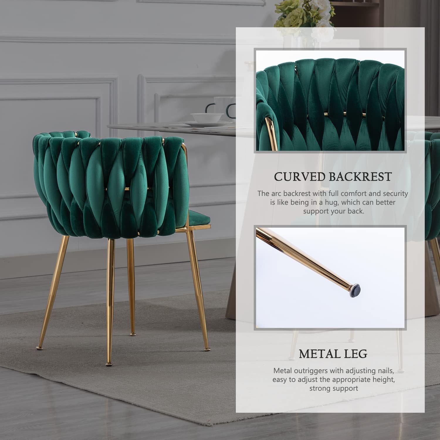 Green velvet chair with gold legs on a gray floor, accompanied by an inset showing the curved backrest and metal leg details.