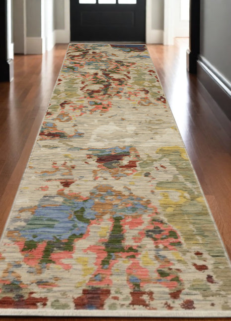 12' Beige Pink And Yellow Abstract Runner Rug With Fringe-0