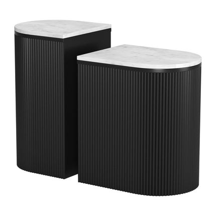 Set of Two Black And White Solid Wood And Marble Oval Block End Tables-3