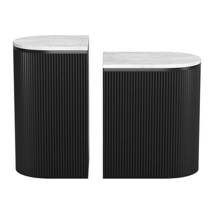 Set of Two Black And White Solid Wood And Marble Oval Block End Tables-4
