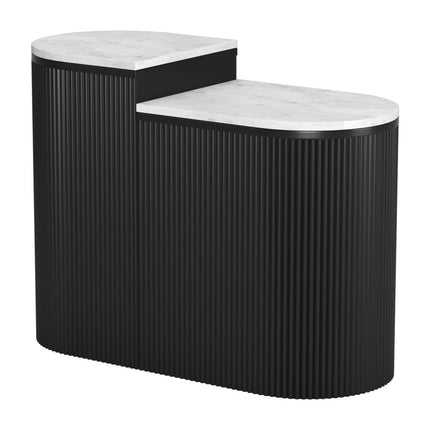Set of Two Black And White Solid Wood And Marble Oval Block End Tables-5
