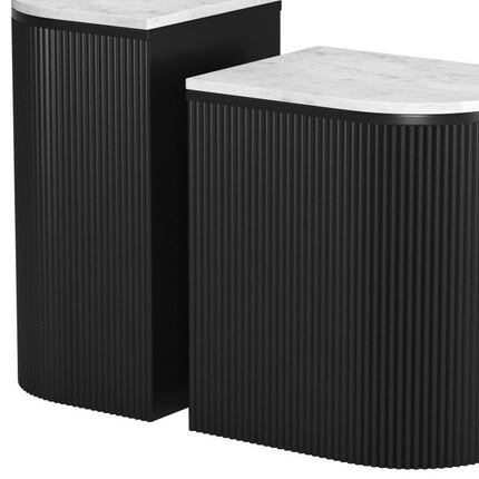 Set of Two Black And White Solid Wood And Marble Oval Block End Tables-8