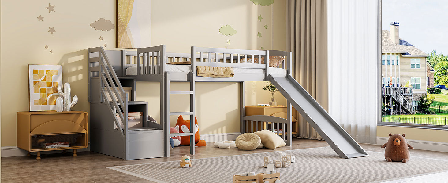 Stairway Twin Size Loft Bed with Two Drawers and Slide