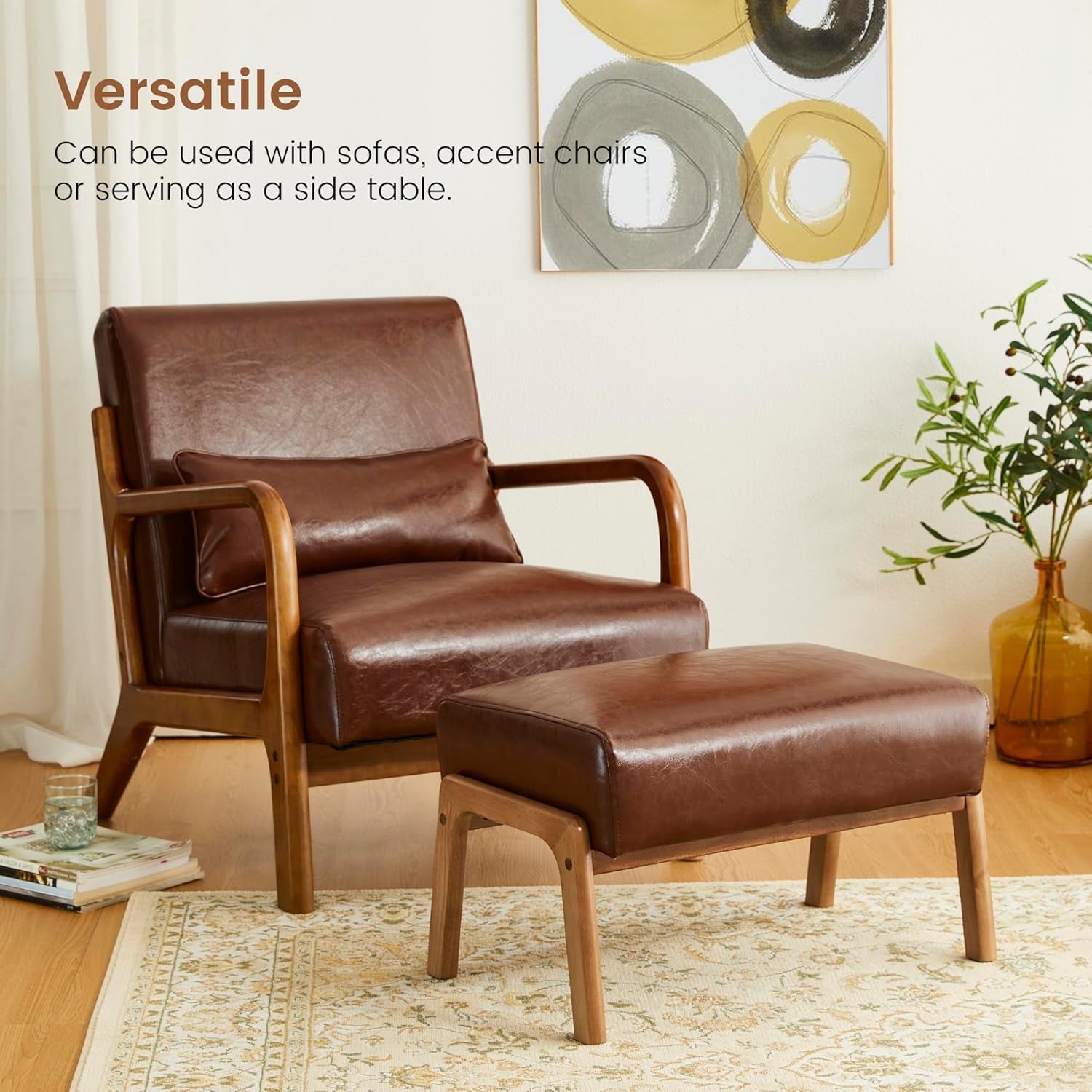 Brown leather armchair with ottoman in a living room setting