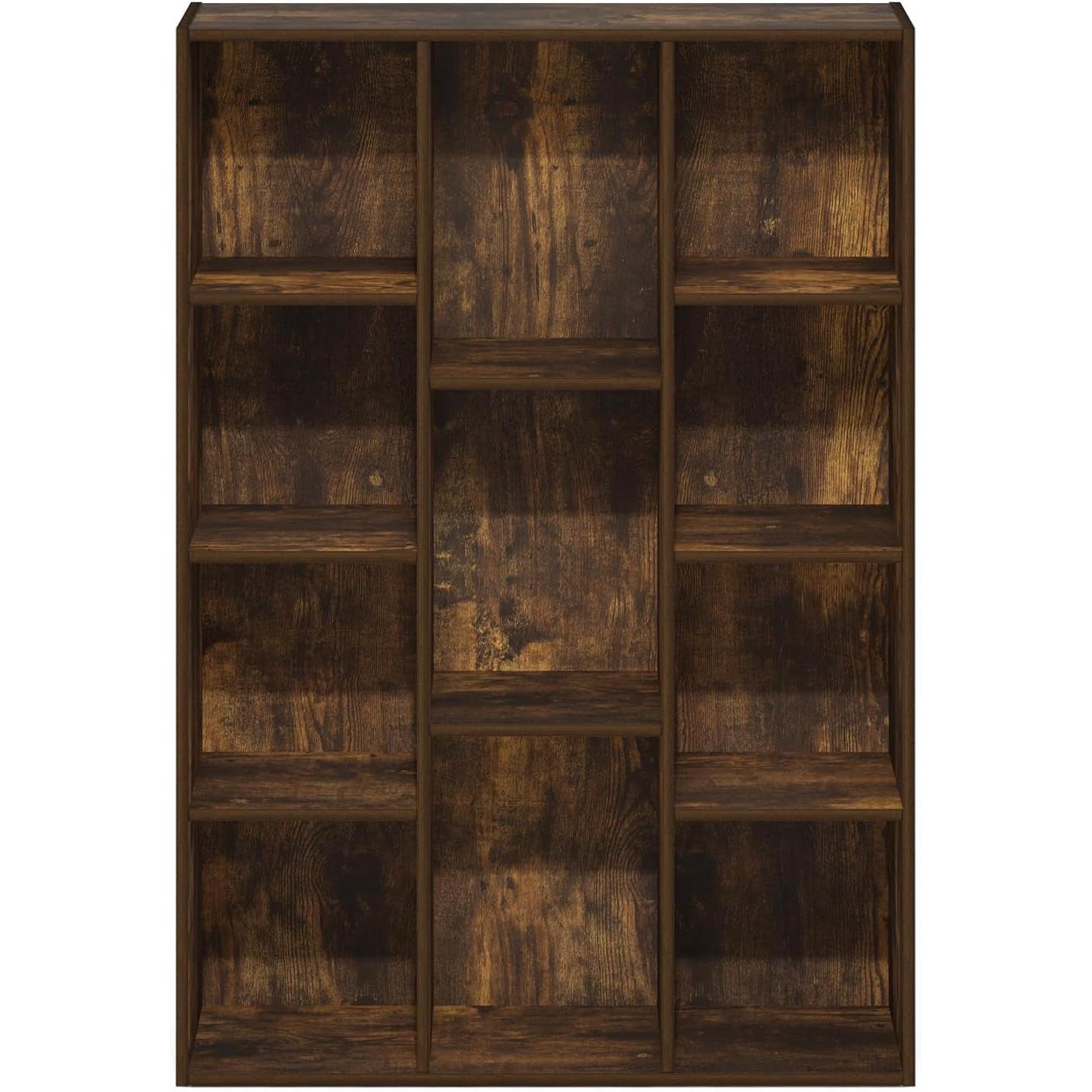 Wooden bookshelf with a dark brown finish on a white background