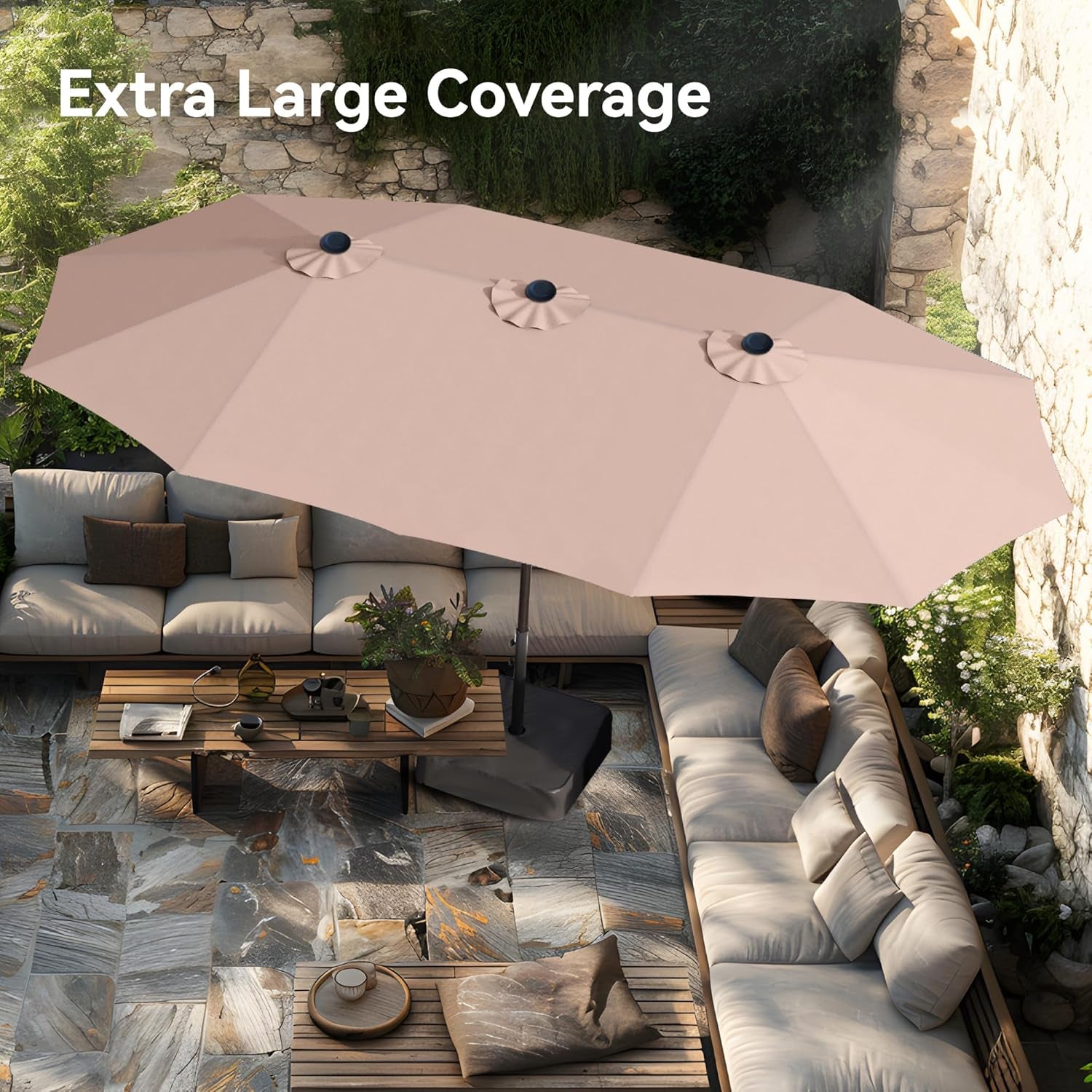 Large beige patio umbrella providing extra coverage over outdoor furniture.