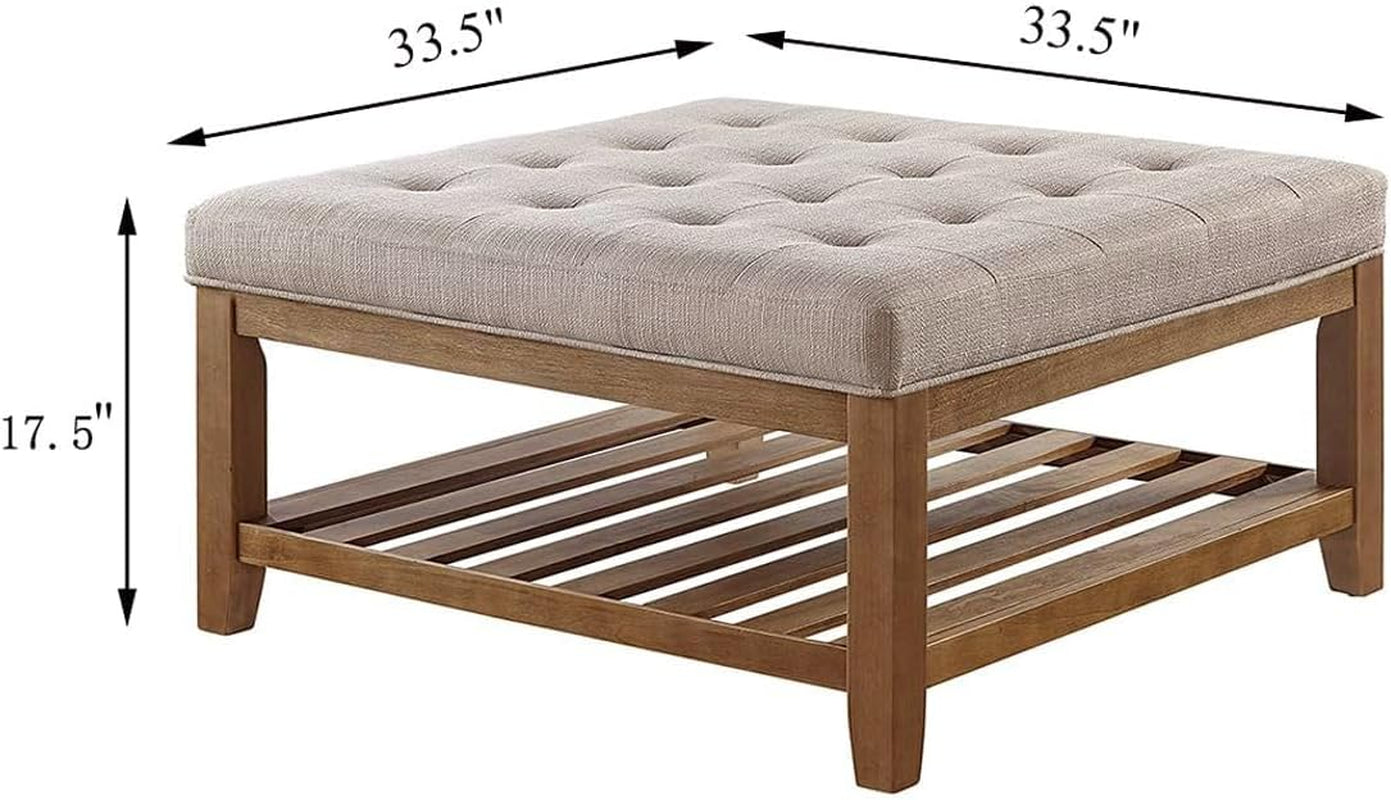 Beige ottoman with wooden frame and measurements on a white background