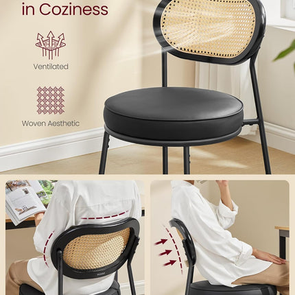 Dining Chairs, Set of 4 Dining Room Chairs with Boho PE Rattan Back, Synthetic Leather Upholstered Accent Chairs for Kitchen Living Room, Ink Black ULDC160B24-3