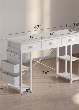 White Vanity Desk, Computer and Study Desk with Fabric Drawers & Side Storage Bag, No Mirror. Makeup Vanity Table, Home Office Desk, Modern Writing Desk, 48"X16".-2