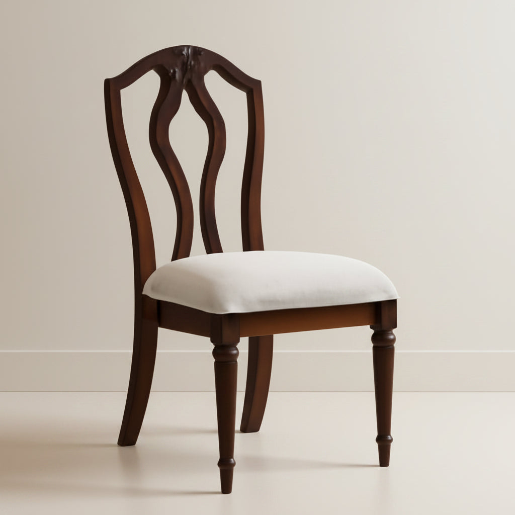 Wooden chair with a white cushion in a room with a lamp and vase on a table.