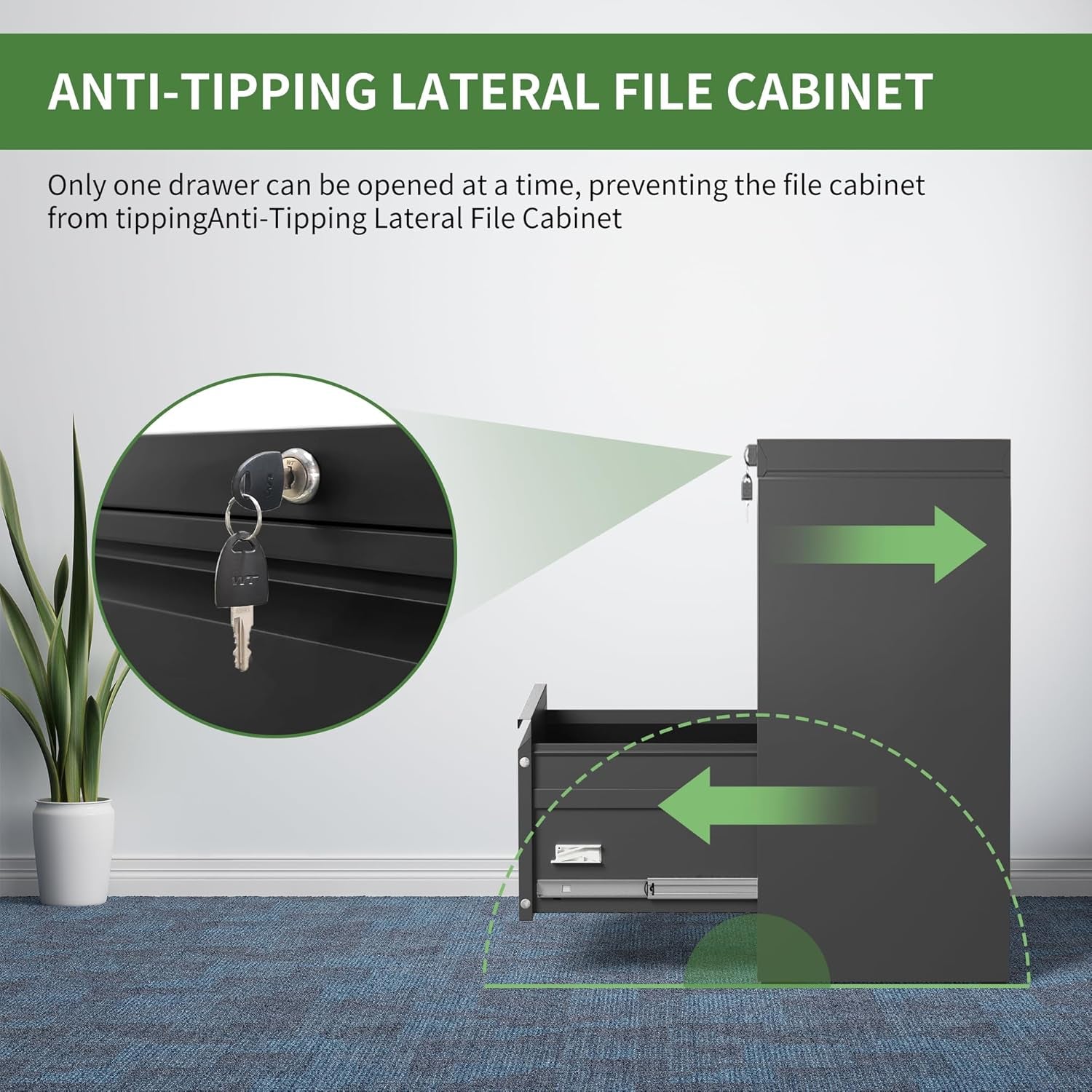 Lateral File Cabinet with Lock,2 Drawer Metal Filing Cabinets, Home Office Storage Cabinet for Hanging Files Letter/Legal/F4/A4 (Black)