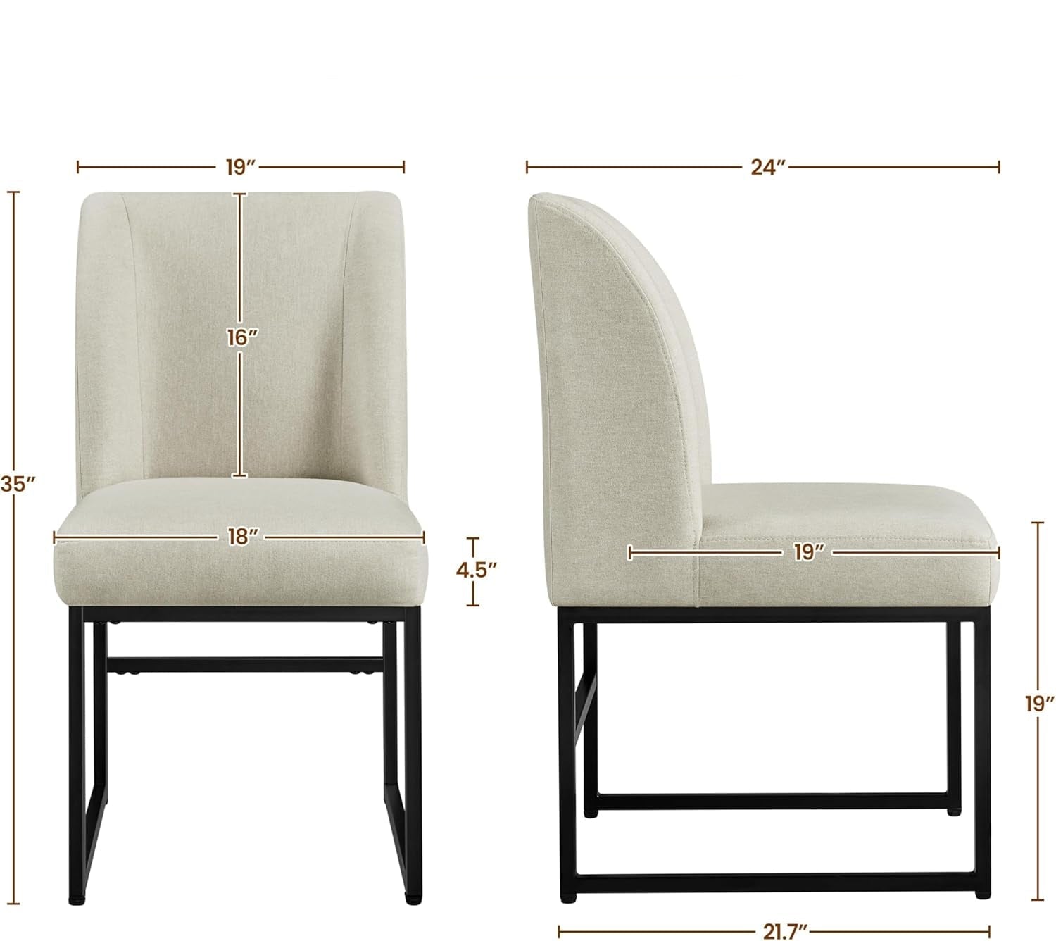 Measurement chart of a beige chair with dimensions and weight capacity displayed.