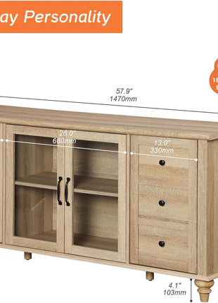 Glass Door Farmhouse TV Stand for Tvs up to 75 Inch, Wood Universal TV Console Table with 4 Storage Cabinets, Entertainment Center for 32-75 Inch TV Console Cabinet, 58'',Oak