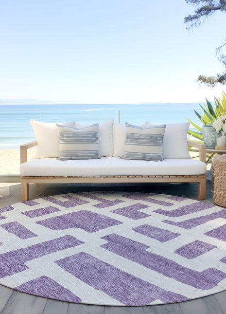 8' Purple And Ivory Round Abstract Washable Indoor Outdoor Area Rug-4