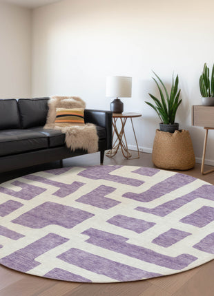 8' Purple And Ivory Round Abstract Washable Indoor Outdoor Area Rug-5