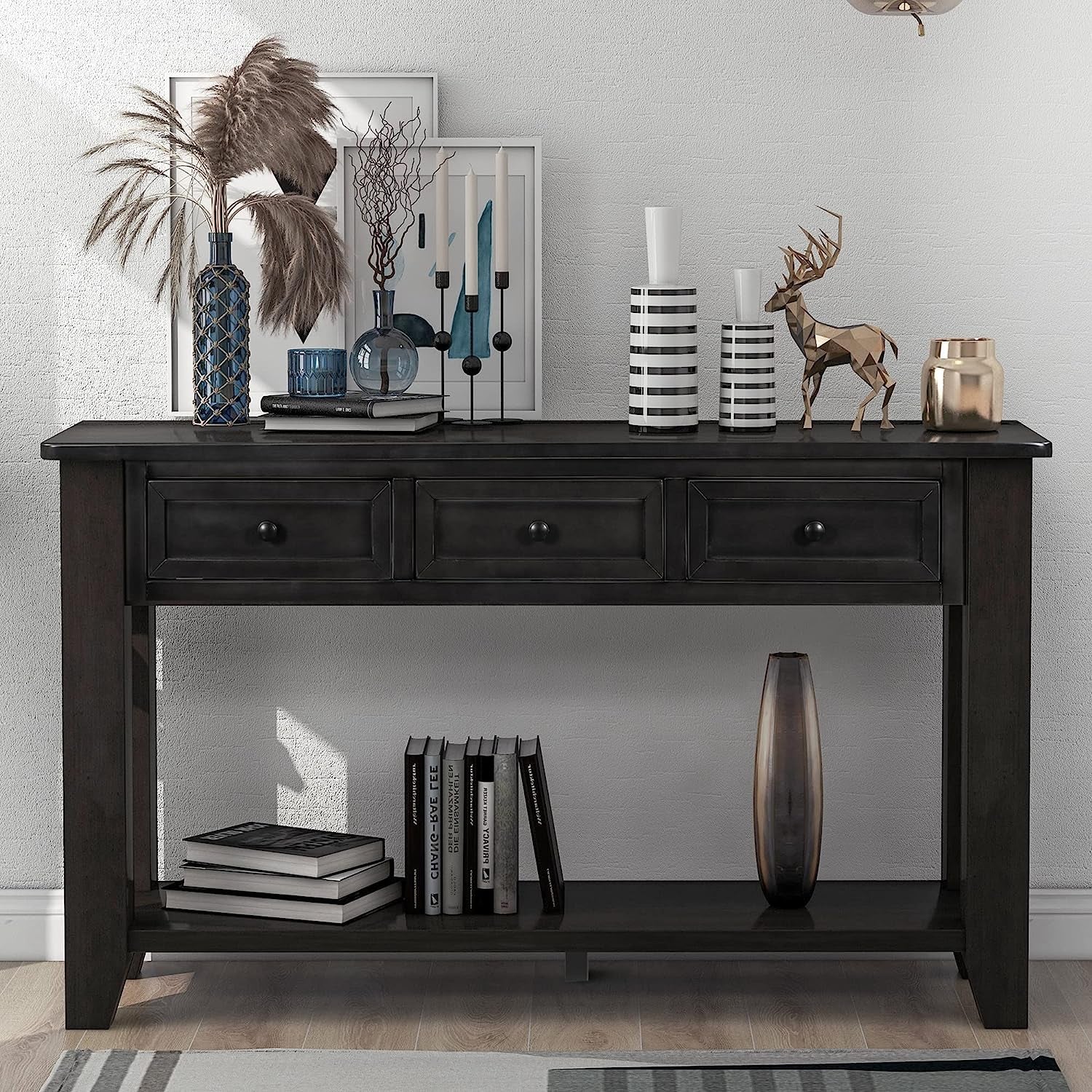 Black Console Table 55In Wide With 3 Drawers And Shelf
