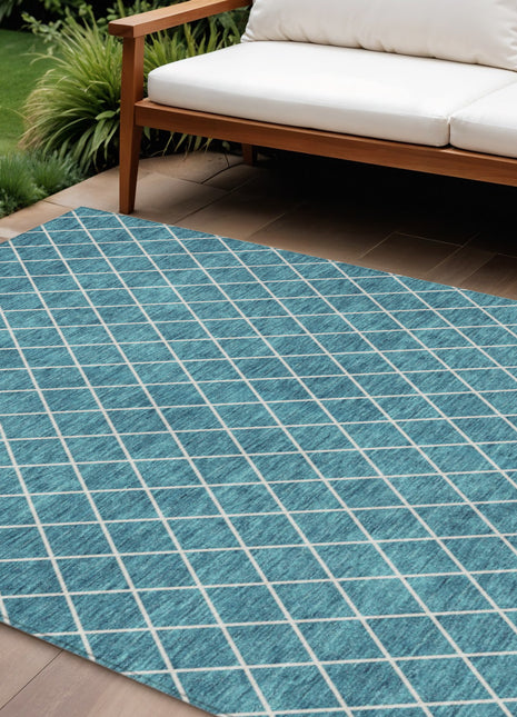 8' X 10' Teal Blue And Ivory Geometric Washable Indoor Outdoor Area Rug-0