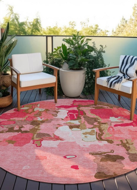 8' Coral Pink And Brown Round Abstract Washable Indoor Outdoor Area Rug-6