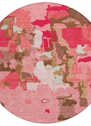 8' Coral Pink And Brown Round Abstract Washable Indoor Outdoor Area Rug-1