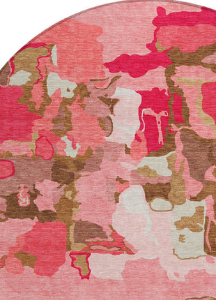8' Coral Pink And Brown Round Abstract Washable Indoor Outdoor Area Rug-3
