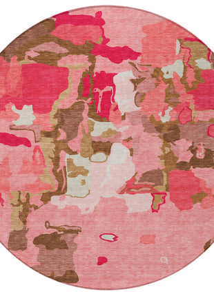 8' Coral Pink And Brown Round Abstract Washable Indoor Outdoor Area Rug-5
