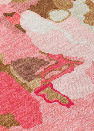 8' Coral Pink And Brown Round Abstract Washable Indoor Outdoor Area Rug-4