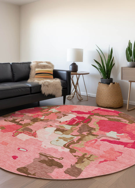 8' Coral Pink And Brown Round Abstract Washable Indoor Outdoor Area Rug-7