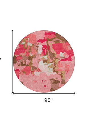 8' Coral Pink And Brown Round Abstract Washable Indoor Outdoor Area Rug-2