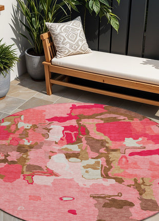 8' Coral Pink And Brown Round Abstract Washable Indoor Outdoor Area Rug-0