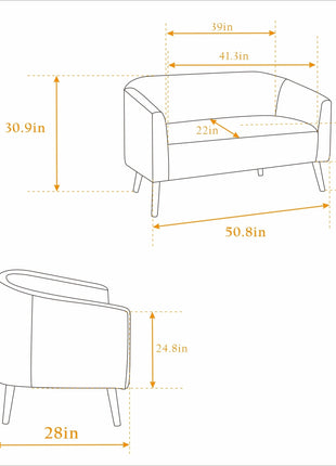 50.78'W Modern Loveseat Couch Sofa, Corduroy Fabric Upholstered 2-Seat Sofa, Wooden Nature Legs for Small Spaces Office Studio Apartment Bedroom, Ivory-2