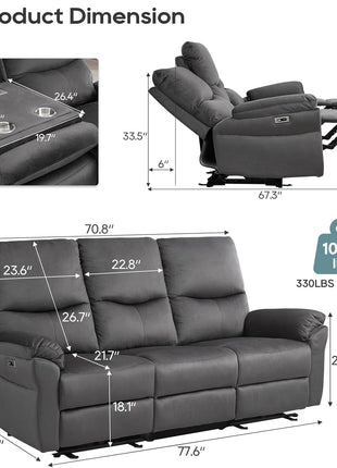 Reclining Sofa, Power Reclining Sofa with Drop down Table, Cup Holder and USB Port, Modern Recliner Sofa 3 Seater,Wall Hugger Sofa Recliner for Living Room Furniture Sets(Gray)