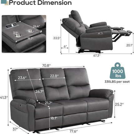 Gray 3-Seat Power Recliner Sofa with Table & USB Ports