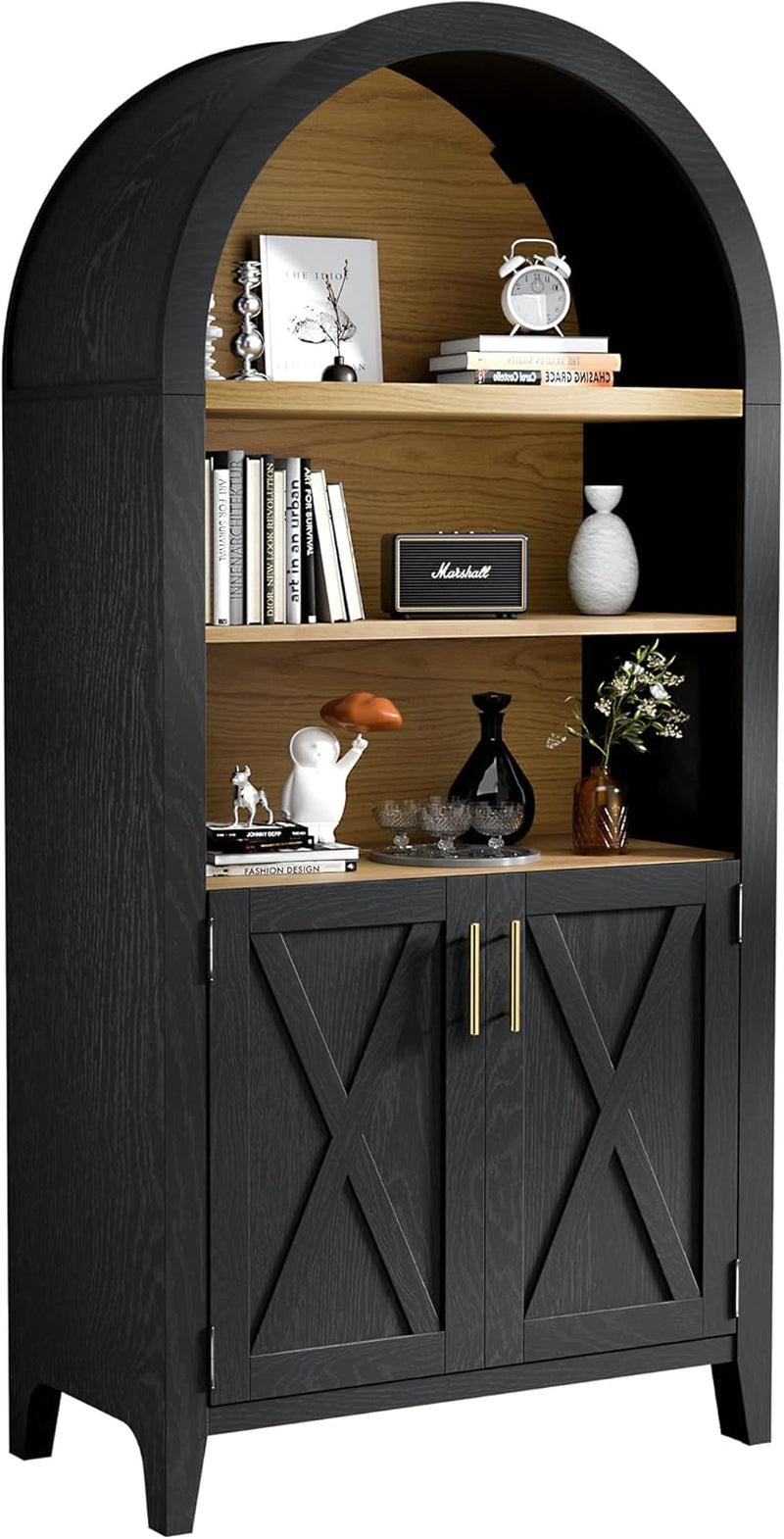 Black arched cabinet with wooden shelves and decorative items on a white background