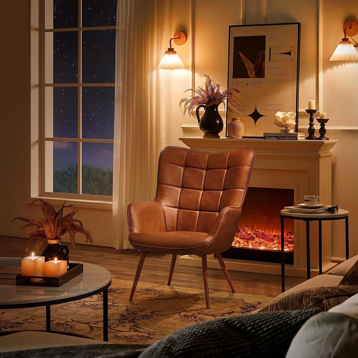 Cozy living room with a brown leather chair, fireplace, and decorative items.